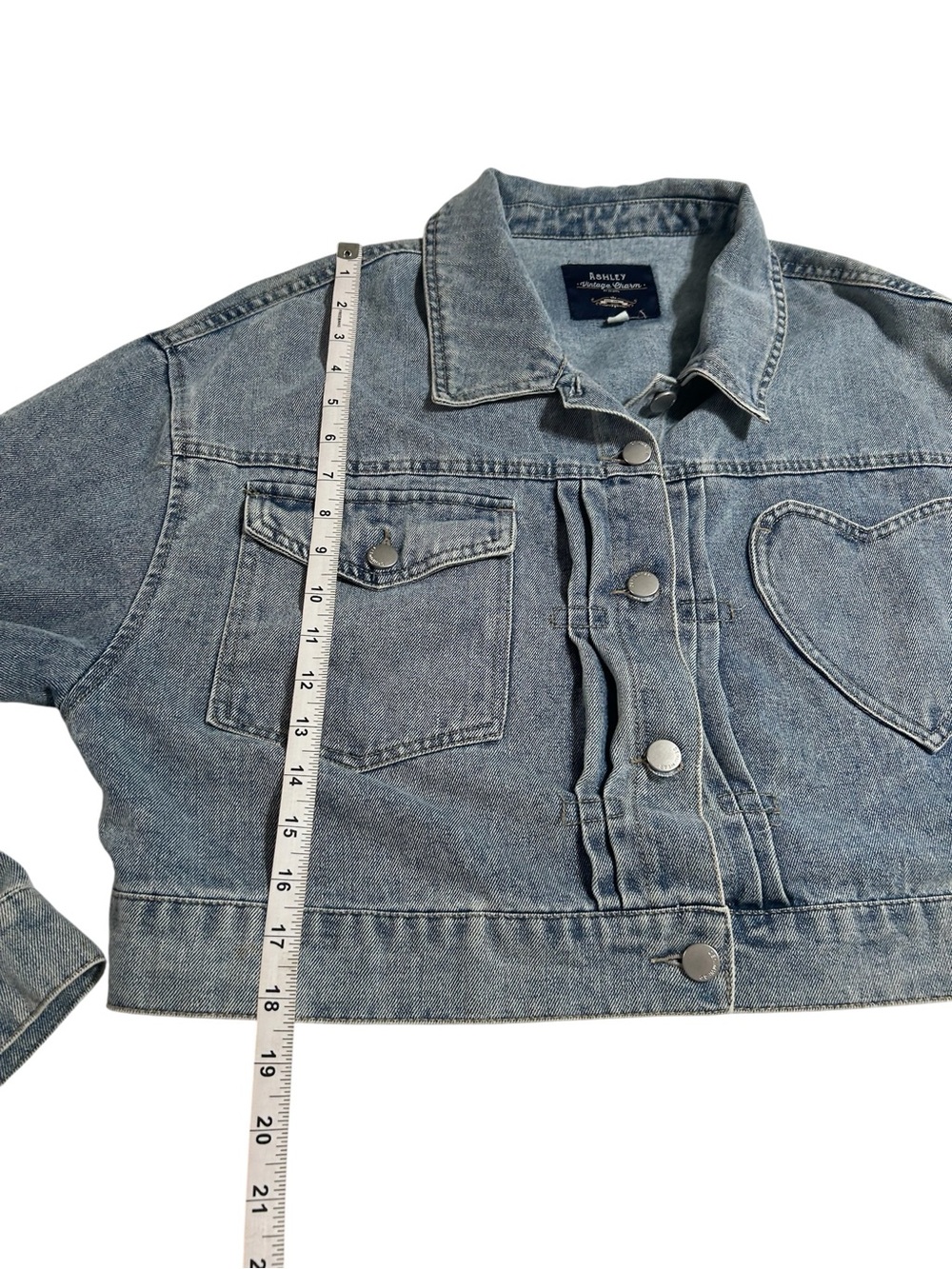 Ashley Vintage Charm Heart Pocket Cropped Denim Jacket Y2K Coquette XL - Picture 5 of 7